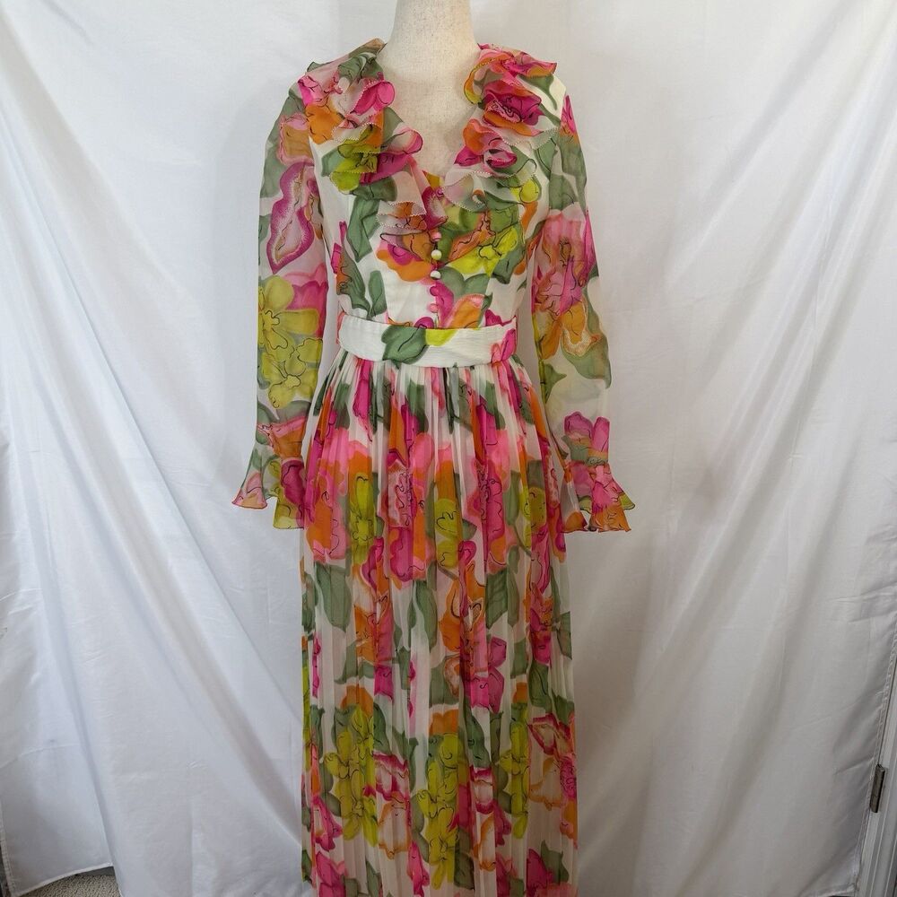 Vintage 70's Bright Floral Organza Long Gown Pleated Detail sz S/M